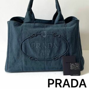 【美品】PRADA プラダ トートバッグ カナパ ロゴジャガード ブルー M