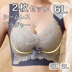 2枚セット ノンワイヤー シームレス ブラジャー ネイビー ブルー 青 レース 大きいサイズ 6L 5XL ナイトブラ 夜用ブラ C95 D95 C100 D100の画像1