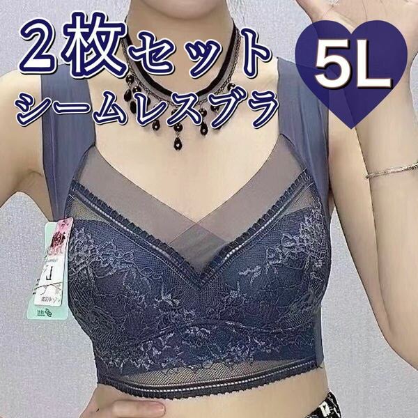 ノンワイヤー シームレス ブラジャー ダーク ブルー 青 レース 大きいサイズ 5L 4XL ナイトブラ 夜用ブラ ブラ レディース 2枚組 2枚