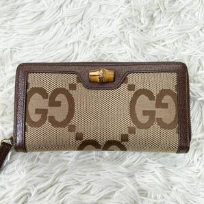 ●未使用級 付属品セット●GUCCI グッチ 現行 GG ジャンボ 長財布 ラウンドファスナー ウォレット バンブー キャンバス レザー 多収納 茶の画像2