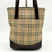 ●高級●BURBERRY バーバリー バケツ トートバッグ ハンドバッグ 鞄 かばん ノバチェック チャーム ホースロゴ キャンバス レザー 茶_画像3