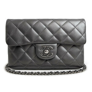 （美品）シャネル CHANEL マトラッセ チェーン ミニショルダーバッグ 斜め掛け ラムスキン レザー メタルグレー シルバー金具