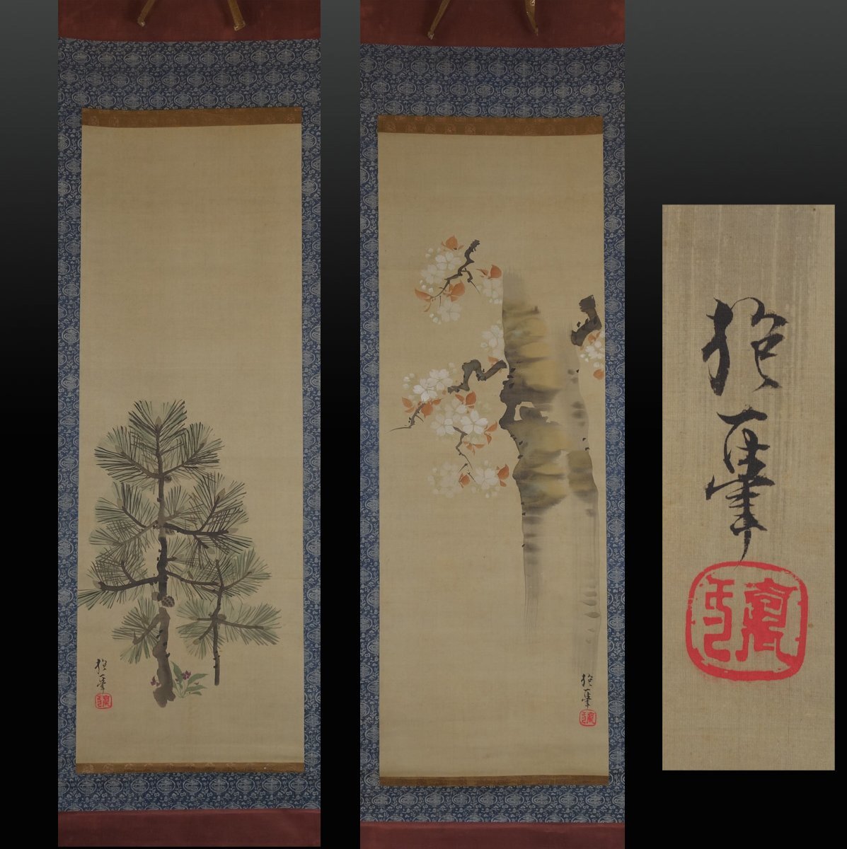 [Copy] Storehouse pot ◆ Sakai Hoitsu Cherry Blossom Pines Double width Old handwriting Old document Old book Ink painting Japanese painting Flower and bird painting Literati painting Edo painting Rimpa Tea hanging scroll, painting, Japanese painting, landscape, Fugetsu