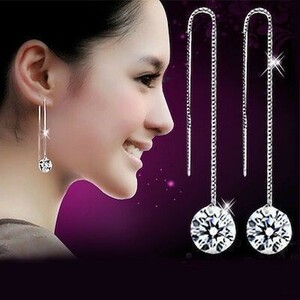 [ remainder barely.!! free shipping! now only 1 jpy start!!] stamp / brilliant cut diamond CZ large grain long earrings C*B