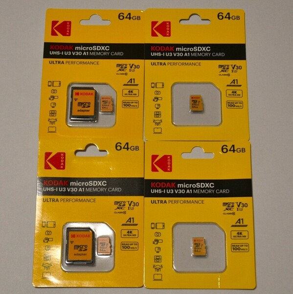 【新品未使用】マイクロSDカード 64GB 4枚 コダック class10 UHS-I U3 V30 A1 microSD microSDXC マイクロSD KODAK 高速 4K