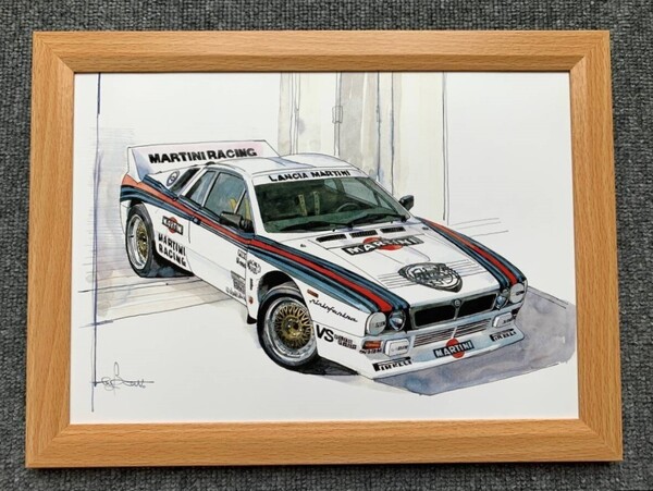 ■BOW。池田和弘『Lancia Rally』B5サイズ 額入り 貴重イラスト 印刷物 ポスター風デザイン 額装品 アートフレーム 旧車