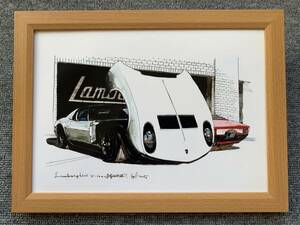 ■BOW。池田和弘『Lamborghini Miura P400』B5サイズ 額入り 貴重イラスト 印刷物 ポスター風デザイン 額装品 アートフレーム 旧車