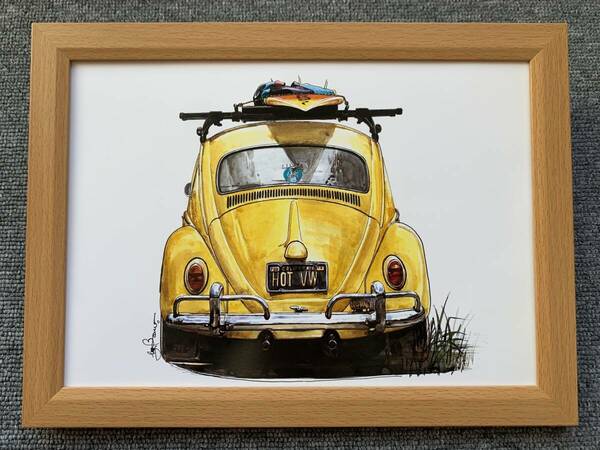 ■BOW。池田和弘『VW Beetle』B5サイズ 額入り 貴重イラスト 印刷物 ポスター風デザイン 額装品 アートフレーム 旧車