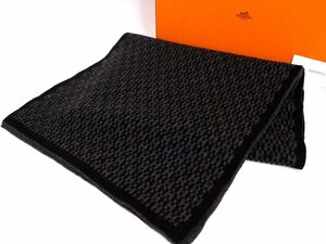 ●美品☆HERMES【エルメス】H柄 カシミヤ100％マフラー☆ストール☆ネイビーグレー☆ロゴ☆メンズ☆レディース☆箱付