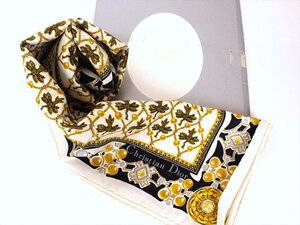 美品☆Christian Dior【ディオール】ヴィンテージ シルク100％スカーフ☆ホワイト×ネイビー×金色☆ロゴ☆レディース☆