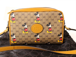 超美品☆GUCCI×DISNEY【グッチ×ディズニー】GG&ミッキー柄ショルダーバッグ☆レザー☆ポシェット☆ブラウン☆ロゴ☆ミニGGスプリーム☆