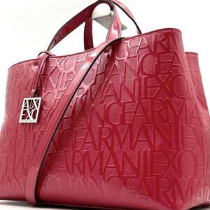 《極美品》ARMANI アルマーニ ビジネス エンボスロゴ 2WAY トートバッグ ショルダーバッグA4可 チャーム エナメル レッド