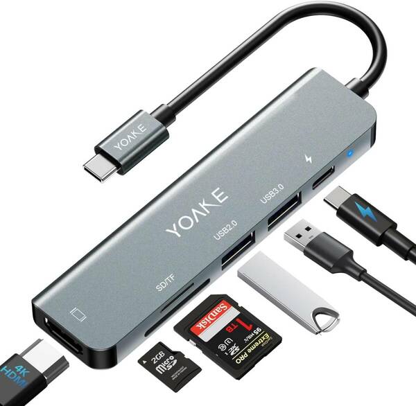 YOAKE USB C ハブ 6-in-1アダプタ 4K HDMI Type-c ドッキングステーション PD 100W USB3.0 高速データ転送 SD/TFカード Macbook/Samsung