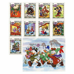 ディズニー　スクルージ他　切手/小型シート1枚＆切手9枚（ディケンズのクリスマスストーリー）　発行国Anguilla　1983年発行　新品