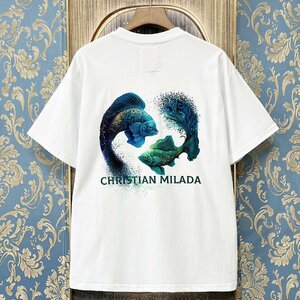 定価2万★christian milada・ミラノ発・半袖Tシャツ★綿100％ 上級 吸汗 通気 個性 魚座柄 トップス カットソー 男女兼用 夏服 L/48サイズ