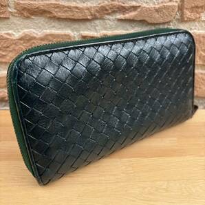 ◆正規品◆BOTTEGA VENETA イントレチャート ラウンドファスナー 長財布レザー グリーンの画像2