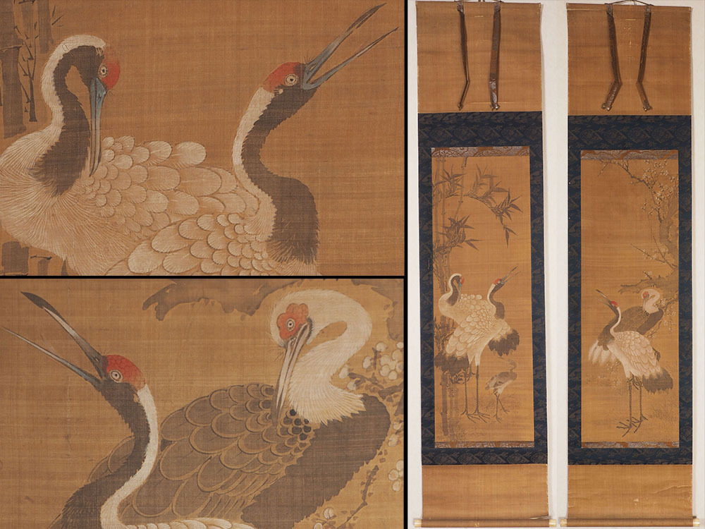 [Authentic work] A_SZ43 Antique Chinese toy, antique painting, old handwriting, unmarked, detailed, richly colored, drawing of twin cranes, hand-painted on silk, two-width, double-width hanging scroll / Chinese antique art, Ming dynasty, Song dynasty, flower and bird drawings, Kano school, Edo, painting, Japanese painting, flowers and birds, birds and beasts