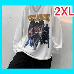 欧米風 Tシャツ メンズ 長袖 2XL 白 ゆったり