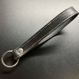 ★ハンドメイド★牛革 キーリング ブラック×ライトブラウン ロング レザー ステッチ入り 