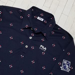 【BIGサイズ/美品】◎ FILA GOLF フィラ ゴルフ/ 半袖 フロント刺繍ロゴ&左袖刺繍ロゴ 総柄 ゴルフウェア 　SIZE： LL　ネイビー