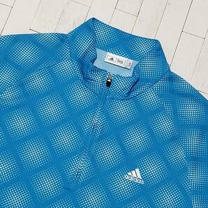 【極美品】◎ adidas アディダス/ 半袖 ワンポイント刺繍ロゴ ハーフジップ 総柄 ゴルフウェア SIZE： L スカイブルーの画像1