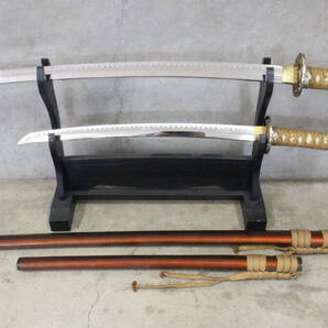 【文明館】模造刀 大小拵え 台付き 時代物 工芸品 日本刀剣武具 床の間飾り カ68の画像7