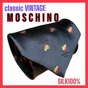 VINTAGE MOSCHINOネクタイ Classicモスキーノ 藍色 ﾊｰﾄﾄﾞｯﾄ柄 SILK100%　　　012