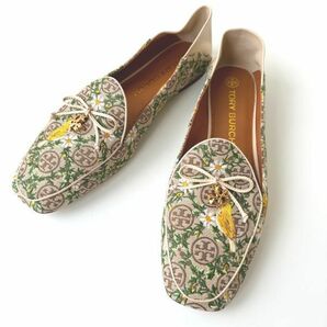 美品 ◆ トリーバーチ TORY BURCH Tモノグラム フラットシューズ サイズ11M 花柄刺繍 ブラウン系 バレエ パンプス レディース 婦人靴の画像1