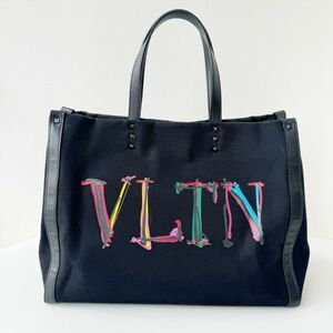 良品 ◆ ヴァレンティノ ガラヴァーニ VALENTINO GARAVANI ロゴ VLTN トートバッグ ブラック キャンバス ロックスタッズ レディース メンズ