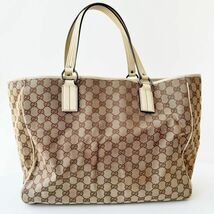 ◆ グッチ GUCCI GGキャンバス トートバッグ 113022 GG柄 ブラウン アイボリー キャンバス レザー レディース メンズ かばん_画像1