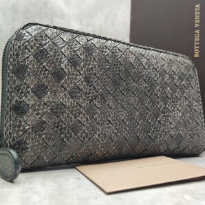 極希少/付属品付き●BOTTEGA VENETA ボッテガヴェネタ メンズ 長財布 パイソン ラウンドファスナー エキゾチック ヘビ レザー ダークグレーの画像1