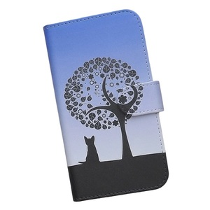iPhone12/iPhone12Pro　スマホケース 手帳型 プリントケース 猫 木 シルエット おしゃれ ブルー