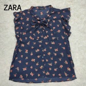 ZARA BASIC ザラベーシック 花柄ボウタイブラウス フレンチスリーブ ネイビー系 L(XL)　訳あり品