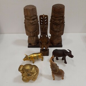 置物 7点セット 木彫り 木製 動物 金属製 縁起物 民芸品 様々