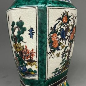 D9) 九谷焼 青九谷 角福 花瓶 六角花瓶 昭栄堂造 時代品 花鳥図 童子図 唐子 古美術品 共箱 花器 花入 飾壺 置物 高41㎝ 置物 インテリアの画像7