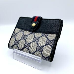 美品⑥Gucci オールドグッチ シェリーライン GG 2つ折り財布 ネイビー GGキャンバス インターロッキング GGスプリーム