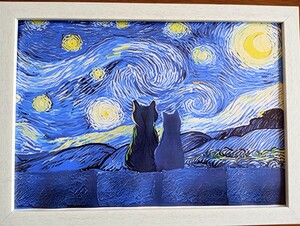 【フレーム付】キャンバスアート《癒やしのインテリア》A4ポスター　星月夜×2匹の黒猫 現代アート インテリア アート