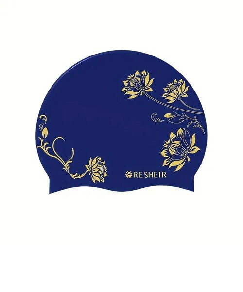 【プールに映える！】スイムキャップ花柄《水蓮》swimming cap　柔らかシリコン素材　紺×ベージュ