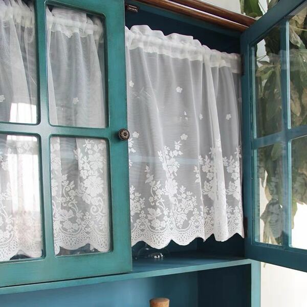 カフェカーテン　小窓　出窓　レースカーテン　目隠し　キッチン 100x46cm エレガント　ホームデコレーション　ホワイト　白　2枚セット