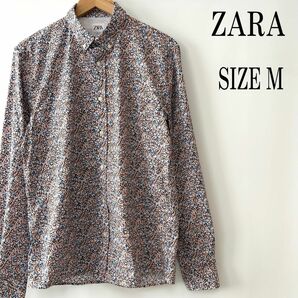 【美品】ZARA ザラ 長袖 ストレッチ 花柄 総柄シャツ M