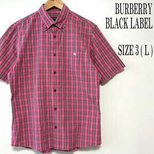 BURBERRY BLACK LABELバーバリーブラックレーベル ロゴ刺繍 半袖チェックシャツ ピンク系 3 L