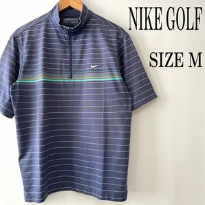 【美品】NIKE GOLF ナイキゴルフ ロゴ刺繍 ボーダー ハーフジップ ポロシャツ ゴルフウェア M