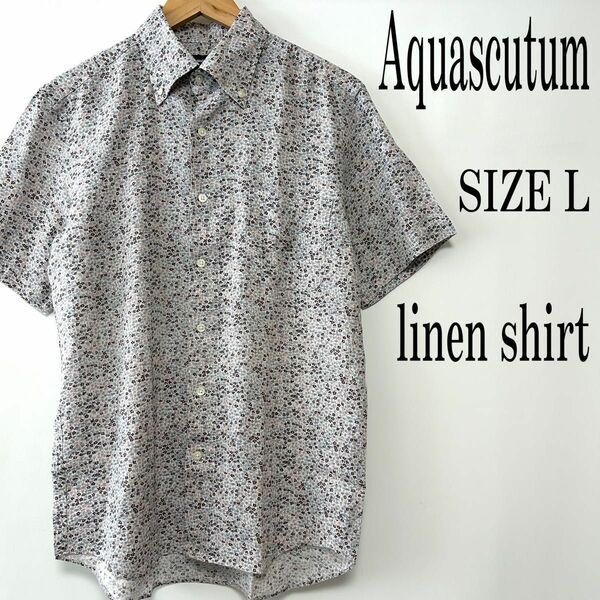 Aquascutum アクアスキュータム 半袖 総柄 麻素材 ボタンダウン リネンシャツ L