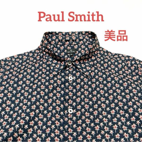 ポールスミス シャツ 美品 半袖 総柄 ボタニカル柄 花柄 紺 M ネイビー