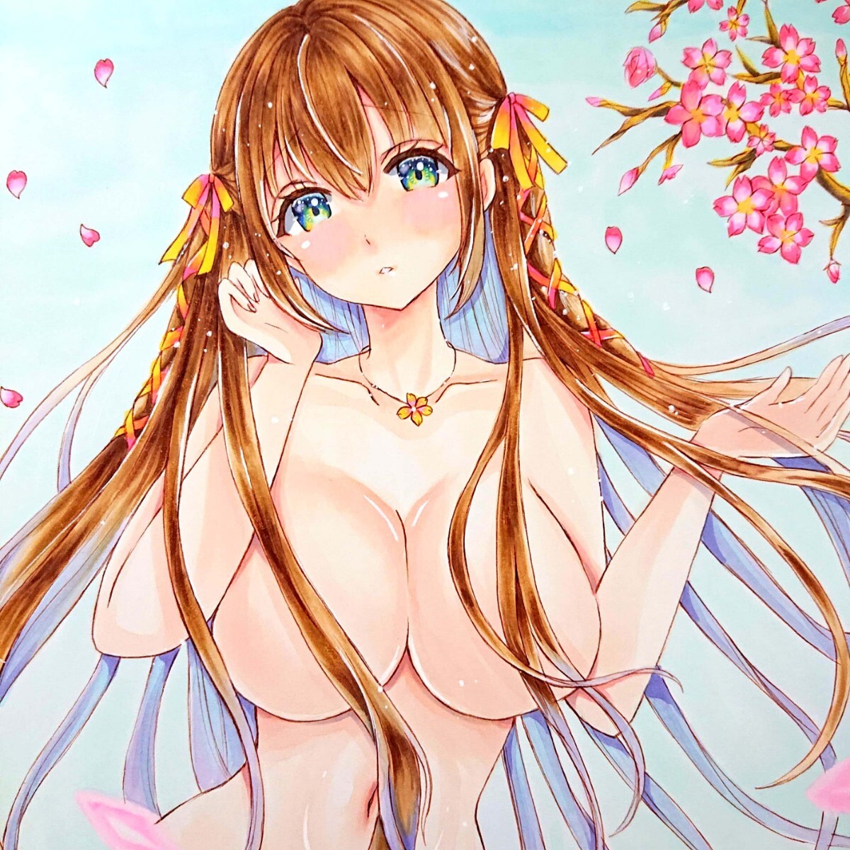 Wiedergelistet [A4] Original handgezeichnete Illustration Kirschblüten, am Wasser, und Mädchen, Comics, Anime-Waren, handgezeichnete Illustration