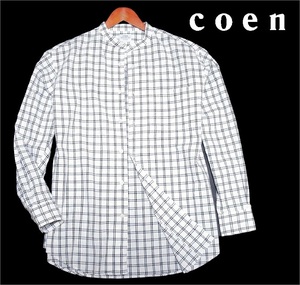 新品!! コーエン coen 綿麻 バンドカラー 長袖 シャツ ホワイト (XL) 送料安 ユナイテッドアローズ メンズ リネン混 格子チェック 春夏 LL