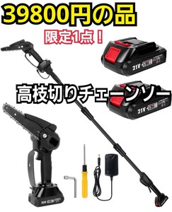 高い枝が切れます！電動チェーンソー 　バッテリー2個付き　2.7kgの軽量　延長ポールを繋げると最大約1.85m！高所の太い枝も容易に剪定可能