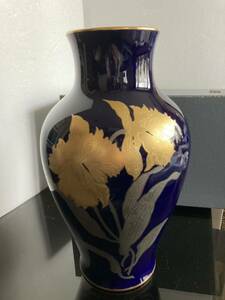 未使用◆OKURA 大倉陶園　瑠璃地 金銀彩　大型花瓶　35cm カトレア　ラン　花器　フラワーベース