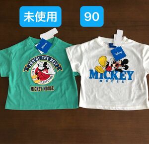 未使用　90 ミッキー　ディズニー　しまむら　 半袖Tシャツ 男女兼用 Tシャツ 半袖 ホワイト　グリーン　タグ付き　お