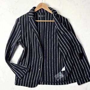 A2 ( new goods unused tag attaching )mshu Nicole knitted tailored Anne navy blue jacket stripe cotton navy 46 M MONSIEUR NICOLE